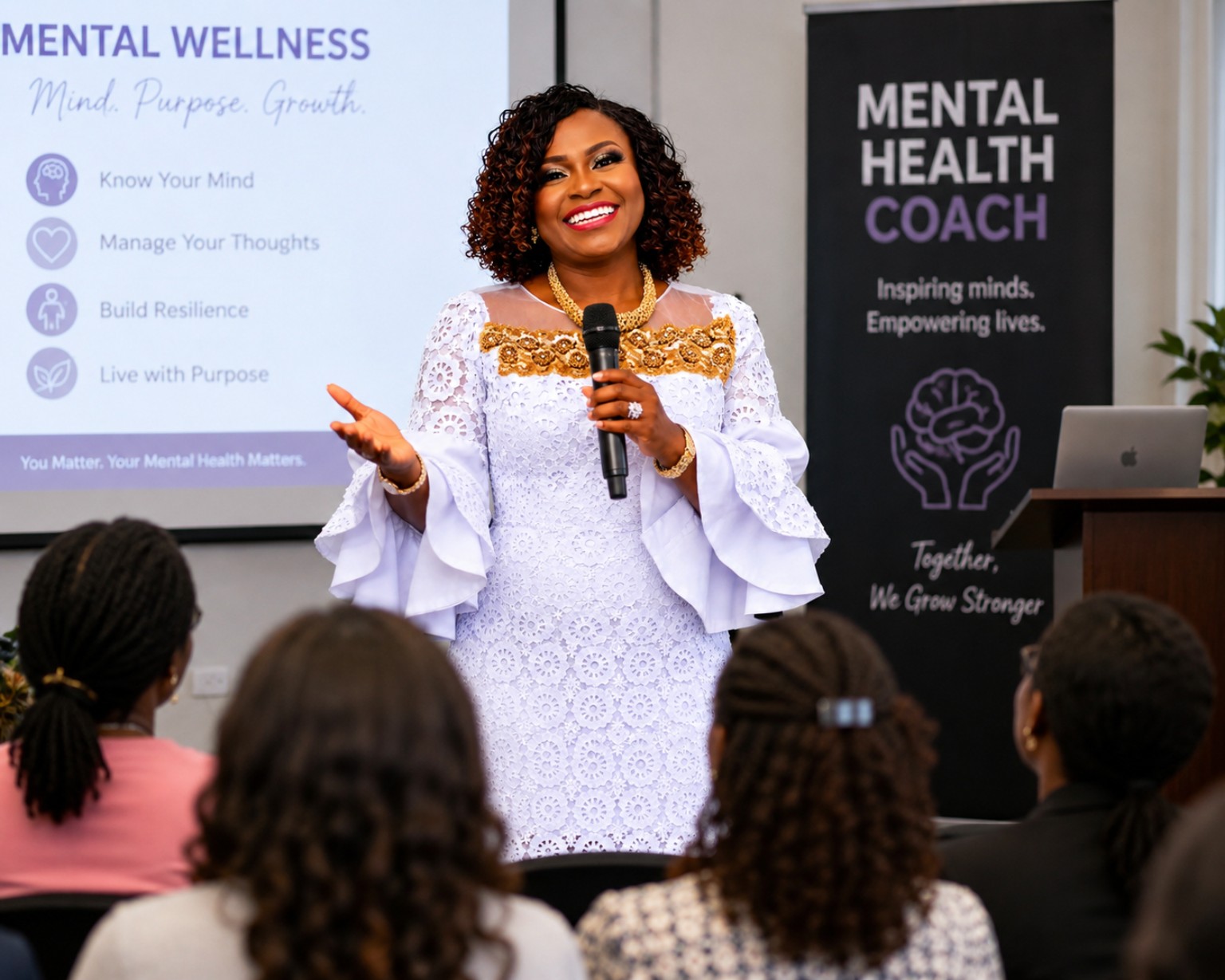 Seun Akinlua speaking to a live audience about mental wellness